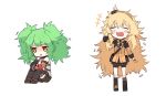  +++ 2girls :d bangs black_legwear blonde_hair bow bowtie chestnut_mouth chibi closed_eyes eyebrows_visible_through_hair facing_viewer ganesagi girls_frontline green_hair hairband hand_behind_head jacket legs_together long_sleeves m950a_(girls_frontline) multiple_girls open_mouth pouch s.a.t.8_(girls_frontline) shoes sitting smile socks standing thigh-highs twintails yellow_eyes 