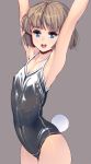  1girl arms_up bangs blue_eyes brown_hair bunny_tail cowboy_shot erect_nipples flat_chest grey_background highres latex long_hair masao one-piece_swimsuit open_mouth original school_swimsuit shiny shiny_clothes short_hair solo standing swimsuit tail 