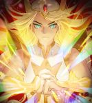  1girl artist_name biceps blonde_hair blue_eyes bracer clenched_hand fist_in_hand glowing lens_flare long_hair masters_of_the_universe oollnoxlloo rainbow red_background serious she-ra she-ra_and_princesses_of_power shining shoulder_armor sleeveless solo sparkle tiara toned twitter_username upper_body very_long_hair 