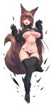  1girl absurdres animal_ears antenna_hair bare_shoulders black_legwear breasts brown_hair commentary_request curvy dsr-50_(girls_frontline) fox_ears fox_tail girls_frontline highres huge_breasts long_hair navel paw_pose red_eyes sharp_teeth simple_background skindentation solo sub-res tail teeth thigh_gap thighs torn_clothes under_boob very_long_hair white_background wide_hips wolf_ears 
