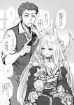  1boy 1girl animal_ears brush brushing_another&#039;s_hair choker fox_ears fox_tail greyscale hand_up japanese_clothes kimono long_hair long_sleeves looking_at_another majo_shuukai_de_aimashou mole mole_under_eye monochrome obi off_shoulder original parted_lips sash simple_background smile standing sweatdrop tail translation_request white_background wide_sleeves witch yapo_(croquis_side) 