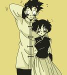 1boy 1girl :o arm_behind_back arm_behind_head black_hair blush breasts chinese_clothes dragon_ball dragonball_z height_difference long_skirt looking_up mogura_(mogura1002) monochrome nervous short_hair simple_background skirt son_gohan standing sweatdrop upper_body videl yellow_background 