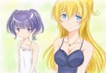  2girls blonde_hair blue_eyes blue_hair blush breasts cleavage collarbone green_background highres large_breasts multiple_girls nightgown potekite regalia_the_three_sacred_stars rena_asteria simple_background small_breasts two-tone_background violet_eyes white_background yuinshiel_asteria 