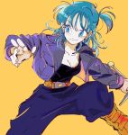  1girl belt black_shirt blue_eyes blue_hair boots bulma cosplay dragon_ball dragon_ball_(classic) dragonball_z eyebrows_visible_through_hair fighting_stance fingernails floating_hair grin jacket looking_away open_clothes open_jacket orange_background pants shirt side_ponytail simple_background smile solo spread_legs sujin sword trunks_(dragon_ball) trunks_(dragon_ball)_(cosplay) weapon 