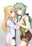  2girls absurdres bangs bare_shoulders black_legwear black_ribbon blonde_hair blue_eyes blush brown_shorts commentary cowboy_shot from_side frown goblin_slayer! gradient gradient_background green_eyes green_hair grey_background hair_ribbon high_elf_archer_(goblin_slayer!) highres jtleeklm long_hair long_sleeves looking_at_viewer multiple_girls open_mouth pointy_ears priestess_(goblin_slayer!) ribbon short_shorts shorts thigh-highs white_background yuri 