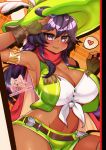  1girl ahoge armlet armpits bare_shoulders belt blush bra breasts brown_gloves cleavage commentary_request contrapposto cropped_jacket dragalia_lost eyebrows_visible_through_hair fingerless_gloves gloves green_hat green_jacket green_shorts hat hat_feather heart highres huge_breasts jacket looking_at_viewer malora open_clothes open_jacket osiimi parted_lips purple_hair salute short_shorts shorts simple_background sleeveless_jacket smile solo spoken_heart underwear violet_eyes white_bra 