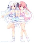  2girls blush boots breasts copyright_request eyebrows_visible_through_hair hair_ornament hand_holding highres long_hair looking_at_viewer miyasaka_miyu multiple_girls open_mouth pink_eyes pink_hair ribbon shoes skirt standing violet_eyes white_background 
