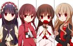  4girls alice_mare black_hair blonde_hair braid breasts brown_hair choker commentary_request covering_mouth cropped_jacket flower higyaku_no_noel ib ib_(ib) kitchen_knife knife long_hair looking_at_viewer madotsuki maid_headdress multiple_girls noel_cerquetti open_mouth pink_shirt red_eyes red_flower red_rose redhead rose shirt small_breasts stella_northrop sweater tokiha_(haruka951116) twin_braids twintails upper_body white_background yume_nikki 