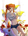  1girl ;d absurdres arm_support blue_shorts bra breasts cleavage collarbone double_bun earrings flower hair_ribbon highres hm_(wonhml) jewelry leaning_back long_hair navel necklace one_eye_closed open_mouth orange_hair original red_eyes red_flower red_ribbon red_rose ribbon rose shirt short_shorts shorts small_breasts smile solo striped striped_shirt tied_shirt twintails underwear very_long_hair white_background white_bra white_shirt 