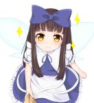  1girl :3 apron blue_dress bow brown_eyes brown_hair commentary_request dress fairy fairy_wings from_above hair_bow long_hair looking_up p.w. pov ribbon shirt_tug smile solo sparkle star_sapphire touhou waist_apron wings 