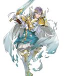  1boy aqua_eyes arm_guards armor bangs blue_hair boots broken_armor cape clenched_teeth feather_trim fire_emblem fire_emblem_heroes full_body gauntlets gloves highres holding holding_sword holding_weapon hrid_(fire_emblem_heroes) knee_boots long_sleeves looking_away maeshima_shigeki male_focus multicolored_hair nintendo non-web_source official_art one_eye_closed pants puffy_sleeves short_hair shoulder_armor silver_hair solo striped sword teeth torn_clothes transparent_background weapon 