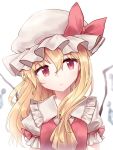  1girl ascot bangs blonde_hair blush bow commentary_request crystal eyebrows_visible_through_hair flandre_scarlet frilled_shirt_collar frills hair_between_eyes hair_down hat hat_bow long_hair looking_at_viewer minust mob_cap puffy_short_sleeves puffy_sleeves red_bow red_eyes red_vest shirt short_sleeves simple_background solo touhou upper_body vest white_background white_hat white_shirt wings yellow_neckwear 