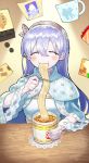  1girl anastasia_(fate/grand_order) beppu_mitsunaka bird blush cape chicken chopsticks cup eating fate/grand_order fate_(series) food hairband mug noodles ramen ramen silver_hair 
