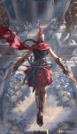  ambiguous_gender artist_name assassin&#039;s_creed:_odyssey assassin&#039;s_creed_(series) belt bracer braid column dual_wielding falling from_behind helm helmet highres holding long_hair metal_boots motion_blur patreon_username pillar pleated_skirt plume polearm red_skirt shield skirt soldier solo_focus spear statue weapon wlop 