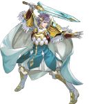  1boy aqua_eyes arm_guards arm_up armor bangs blue_hair boots cape feather_trim fighting_stance fire_emblem fire_emblem_heroes full_body gauntlets gloves highres holding holding_sword holding_weapon hrid_(fire_emblem_heroes) knee_boots long_sleeves looking_away maeshima_shigeki male_focus multicolored_hair nintendo non-web_source official_art open_mouth pants puffy_sleeves short_hair shoulder_armor silver_hair solo striped sword transparent_background weapon 