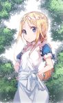  1girl alice_schuberg apron bangs blonde_hair blue_eyes blue_shirt blush closed_mouth commentary_request eyebrows_visible_through_hair frilled_apron frills hairband hands_on_hips highres long_hair maid_apron newey parted_bangs puffy_short_sleeves puffy_sleeves shirt short_sleeves sidelocks solo sword_art_online very_long_hair white_apron white_hairband 