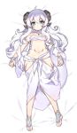  1girl ahoge barefoot bed_sheet blue_eyes breasts closed_mouth commentary dragon_girl horns kuro_(kuronell) long_hair looking_at_viewer lying navel on_back original scales simple_background small_breasts solo tail wavy_hair white_background white_hair 