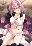  1girl absurdres bikini bow bowtie bowtie_removed breasts eyebrows_visible_through_hair frilled_bikini frills glasses head_tilt headphones headphones_around_neck highres jacket jacket_removed large_breasts leaning_back looking_at_viewer mousou_(mousou_temporary) nave purple_hair purple_jacket purple_neckwear red-framed_eyewear semi-rimless_eyewear shinjou_akane short_hair sitting smile solo ssss.gridman swimsuit tinted_eyewear under-rim_eyewear white_bikini 