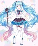  1girl absurdly_long_hair black_skirt blue_eyes blue_hair blue_nails boots bow bowtie detached_sleeves eyebrows_visible_through_hair floating_hair full_body gradient_hair hair_between_eyes hatsune_miku holding holding_microphone long_hair long_sleeves looking_at_viewer microphone miniskirt multicolored_hair nail_polish open_mouth pink_hair pleated_skirt shiny shiny_hair shirt skirt solo thigh-highs thigh_boots twintails two-tone_hair user_vehe3473 very_long_hair vocaloid white_footwear white_shirt white_sleeves zettai_ryouiki 