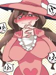  +_+ 1girl blush breasts brown_eyes brown_hair commentary_request dress hammer_(sunset_beach) hands_clasped hat heart large_breasts looking_at_viewer original own_hands_together pink_dress smile solo tongue tongue_out upper_body witch witch_hat 