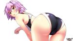  1girl artist_name ass back black_swimsuit competition_swimsuit cowboy_shot dated eyebrows_visible_through_hair flat_chest hair_between_eyes hair_ornament highres kantai_collection looking_at_viewer looking_back one-piece_swimsuit open_mouth paw_pose purple_hair red_eyes short_hair simple_background solo standing swimsuit tama_(kantai_collection) tsuchimiya white_background 