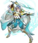  1boy aqua_eyes arm_guards armor bangs blue_hair boots cape feather_trim fighting_stance fire_emblem fire_emblem_heroes full_body gauntlets gloves highres holding holding_sword holding_weapon hrid_(fire_emblem_heroes) knee_boots long_sleeves looking_away maeshima_shigeki male_focus multicolored_hair nintendo non-web_source official_art open_mouth pants puffy_sleeves short_hair shoulder_armor silver_hair solo sparkle striped sword transparent_background weapon 