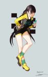  1girl absurdres alternate_costume bangs black_hair black_shirt black_shorts breasts casual cellphone character_name clothes_writing collarbone full_body girls_frontline green_legwear grey_background hand_on_hip heterochromia highres holding holding_phone jacket junexp large_breasts long_hair long_sleeves low_twintails multicolored_hair open_clothes open_jacket parted_lips phone red_eyes ro635_(girls_frontline) shirt shoes short_shorts shorts sidelocks signature smartphone socks solo standing standing_on_one_leg streaked_hair twintails twitter_username very_long_hair white_hair yellow_eyes yellow_footwear yellow_jacket zipper_pull_tab 