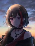 1girl backlighting bang_dream! bare_shoulders black_hair choker dusk highlights jewelry looking_at_viewer mitake_ran multicolored_hair necklace off_shoulder outdoors purple_eyes red_eyes rinto_(rint_rnt) short_hair smile solo sunset upper_body