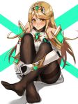  1girl alternate_costume armor bangs blonde_hair blush closed_mouth dress earrings embarrassed eyebrows_visible_through_hair feet gem gloves hair_ornament highres mythra_(xenoblade) jewelry kamu_(kamuuei) legs_crossed long_hair looking_at_viewer looking_up nintendo panties panties_under_pantyhose pantyhose sitting solo super_smash_bros. super_smash_bros._ultimate swept_bangs tiara toes two-tone_background underwear very_long_hair white_dress white_panties xenoblade_(series) xenoblade_2 yellow_eyes 