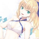  1girl :d aqua_eyes artoria_pendragon_(all) artoria_pendragon_(swimsuit_archer) asagi_(kabocha_oukoku) blonde_hair blue_bow bow breasts cleavage collarbone eyebrows_visible_through_hair fate/grand_order fate_(series) hair_between_eyes hair_bow halterneck long_hair looking_at_viewer open_mouth ponytail shiny shiny_hair small_breasts smile solo white_background 