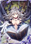  &gt;:) 1girl akkijin bare_shoulders black_cape blue_eyes book boots breasts cape cleavage demon_girl demon_horns forest gloves glowing grimoire horns jewelry large_breasts looking_at_viewer looking_up nature necklace official_art shinkai_no_valkyrie silver_hair white_gloves wizard 