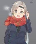  1girl alternate_costume bangs breath chitose_(kantai_collection) earphones grey_background grey_hair headband kantai_collection long_hair looking_at_viewer ponytail red_scarf scarf simple_background solo swept_bangs u_yuz_xx upper_body 
