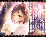  1girl :p animal_ear_fluff animal_ears bangs blurry blurry_foreground blush brown_eyes brown_hair commentary_request depth_of_field doughnut fingernails flower food french_cruller hair_flower hair_ornament hands_up highres holding holding_food japanese_clothes kimono looking_at_viewer looking_to_the_side mao_ge original pink_flower short_hair solo tail tail_raised tongue tongue_out upper_body white_kimono 