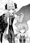  2girls :t absurdres black_dress black_legwear blush breasts circe_(fate/grand_order) closed_mouth cosplay dress fate/grand_order fate_(series) feathered_wings glasses greyscale head_wings highres ichihara_kazuma jacket jewelry long_hair looking_at_viewer mash_kyrielight mash_kyrielight_(cosplay) monochrome multiple_girls necktie open_mouth pantyhose pointy_ears pout short_hair smile wings 
