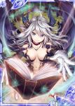  &gt;:) 1girl akkijin bare_shoulders blue_eyes book boots breasts cape cleavage demon_girl demon_horns forest gloves glowing grimoire horns jewelry large_breasts looking_up nature necklace official_art purple_cape shinkai_no_valkyrie silver_hair white_gloves wizard 