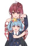  2girls animal_print blue_hair brown_hair bunny_print cellphone checkered checkered_kimono hair_ornament hand_holding hand_on_another&#039;s_shoulder heart heart_in_mouth hoshikawa_lily japanese_clothes kimono long_hair multiple_girls off_shoulder open_mouth phone red_eyes ribbon skirt smartphone star star_hair_ornament taking_picture twintails yellow_eyes yuugiri_(zombie_land_saga) zombie_land_saga 