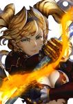  1girl bangs black_gloves blonde_hair blue_eyes breasts cleavage closed_mouth commentary_request fire floating_hair gauntlets gloves granblue_fantasy hairband highres holding holding_weapon large_breasts long_sleeves shimashima_(simasima_23) simple_background smile solo twintails upper_body weapon white_background zeta_(granblue_fantasy) 
