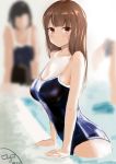  arm_support artist_name bangs blue_swimsuit blunt_bangs blurry blush breasts brown_hair competition_school_swimsuit depth_of_field dh-zone highres light_smile long_hair looking_at_viewer medium_breasts multiple_girls one-piece_swimsuit original pool poolside school_swimsuit shiny shiny_clothes signature sketch solo_focus swimsuit wading water 