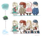 1boy 3girls alfonse_(fire_emblem) anna_(fire_emblem) armor blonde_hair blue_hair braid brother_and_sister brown_gloves cape closed_mouth coat crown crown_braid dated fire_emblem fire_emblem_heroes fjorm_(fire_emblem_heroes) fur_trim gloves goggles gradient_hair hood hood_up long_hair long_sleeves mittens multicolored_hair multiple_girls nintendo open_mouth ponytail redhead robaco sharena short_hair siblings smile standing twitter_username 