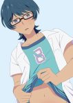  1boy belly_peek blue_background blue_eyes dutch_angle glasses green_hair green_shirt highres lifted_by_self looking_at_viewer male_focus open_mouth rectangular_eyewear shirt shirt_lift shita_(msn_00100) simple_background solo ssss.gridman sweatdrop utsumi_shou 