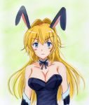  1girl animal_ears blonde_hair blue_eyes blush breasts bunnysuit cleavage collarbone green_background highres large_breasts potekite rabbit_ears regalia_the_three_sacred_stars simple_background solo two-tone_background white_background yuinshiel_asteria 