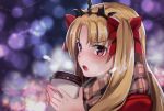  1girl :o abi_(abimel10) bangs blonde_hair blurry blurry_background blush bow brown_scarf coffee_cup commentary_request cup depth_of_field disposable_cup ereshkigal_(fate/grand_order) eyebrows_visible_through_hair fate/grand_order fate_(series) fingernails hair_bow hands_up highres holding holding_cup jacket nail_polish open_mouth parted_bangs pink_nails red_bow red_eyes red_jacket scarf solo tiara two_side_up 