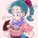  1girl :o applying_makeup belt blue_eyes blue_hair braid brown_gloves bulma character_name clothes_writing commentary dragon_ball dragon_ball_(classic) english_commentary expressionless eyelashes fanny_pack floral_background flower gloves hair_ribbon highres lipstick lipstick_tube looking_down makeup pink_lips pink_ribbon pink_shirt purple_scarf ribbon scarf shirt simple_background solo standing striped striped_shirt tkgsize upper_body vertical-striped_shirt vertical_stripes 