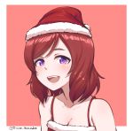  1girl :d bangs breasts camisole cleavage disco_brando fur_trim hat looking_at_viewer love_live! love_live!_school_idol_project nishikino_maki open_mouth orange_background red_hat redhead santa_hat short_hair simple_background smile solo swept_bangs twitter_username upper_body violet_eyes 
