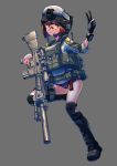  1girl assault_rifle bangs black_footwear black_gloves boots brown_eyes brown_hair buruma camouflage commentary_request erica_(naze1940) full_body gloves goggles gun hand_up helmet highres jacket knee_pads looking_at_viewer microphone military military_uniform original pouch purple_buruma rifle short_hair single_glove smile solo standing standing_on_one_leg tactical_clothes uniform v watch watch weapon 