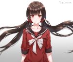  1girl black_sailor_collar bow bowtie brown_hair collarbone cuna_(qunya) dangan_ronpa floating_hair gradient gradient_background grey_background grey_bow grey_neckwear hair_ornament hair_scrunchie harukawa_maki highres long_hair looking_at_viewer mole mole_under_eye new_dangan_ronpa_v3 red_eyes red_scrunchie red_shirt sailor_collar school_uniform scrunchie serafuku shiny shiny_hair shirt solo twintails upper_body very_long_hair 