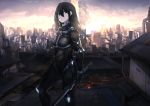  1girl absurdres black_hair bodysuit building cityscape copyright_request fixro2n frown grey_eyes hair_between_eyes highres holding holding_sword holding_weapon house huge_filesize long_hair looking_at_viewer official_art pale_skin power_suit rooftop science_fiction skin_tight skyscraper sun_glare sword weapon 