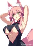  1girl armpits arms_behind_head arms_up bangs bare_shoulders black_bodysuit blush bodysuit breasts closed_mouth fate/grand_order fate_(series) fox_tail hair_between_eyes highres koyanskaya large_breasts long_hair looking_at_viewer pink_hair sidelocks simple_background smile solo tail under_boob white_background yellow_eyes zeroshiki_kouichi 