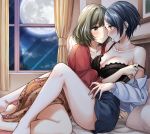  2girls bed_sheet black_bra blue_eyes blue_hair blue_skirt blush bra breasts brown_hair brown_skirt cleavage collarbone earrings floral_print full_moon green_eyes grey_shirt hayami_kanade heterochromia highres idolmaster idolmaster_cinderella_girls jewelry large_breasts miniskirt moon multiple_girls necklace night off_shoulder oimo open_clothes open_mouth open_shirt pillow print_skirt red_shirt shirt short_hair skirt smile sweatdrop takagaki_kaede underwear window yellow_eyes yuri 