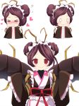  &gt;_&lt; 1girl agung_syaeful_anwar antennae apron blank_eyes blush bow commentary double_bun english_commentary entoma_vasilissa_zeta fangs flying_sweatdrops heart highres insect_girl japanese_clothes kimono maid maid_apron maid_headdress monster_girl multiple_views overlord_(maruyama) pink_bow purple_hair red_ribbon ribbon short_hair simple_background smile waist_apron white_apron white_background 